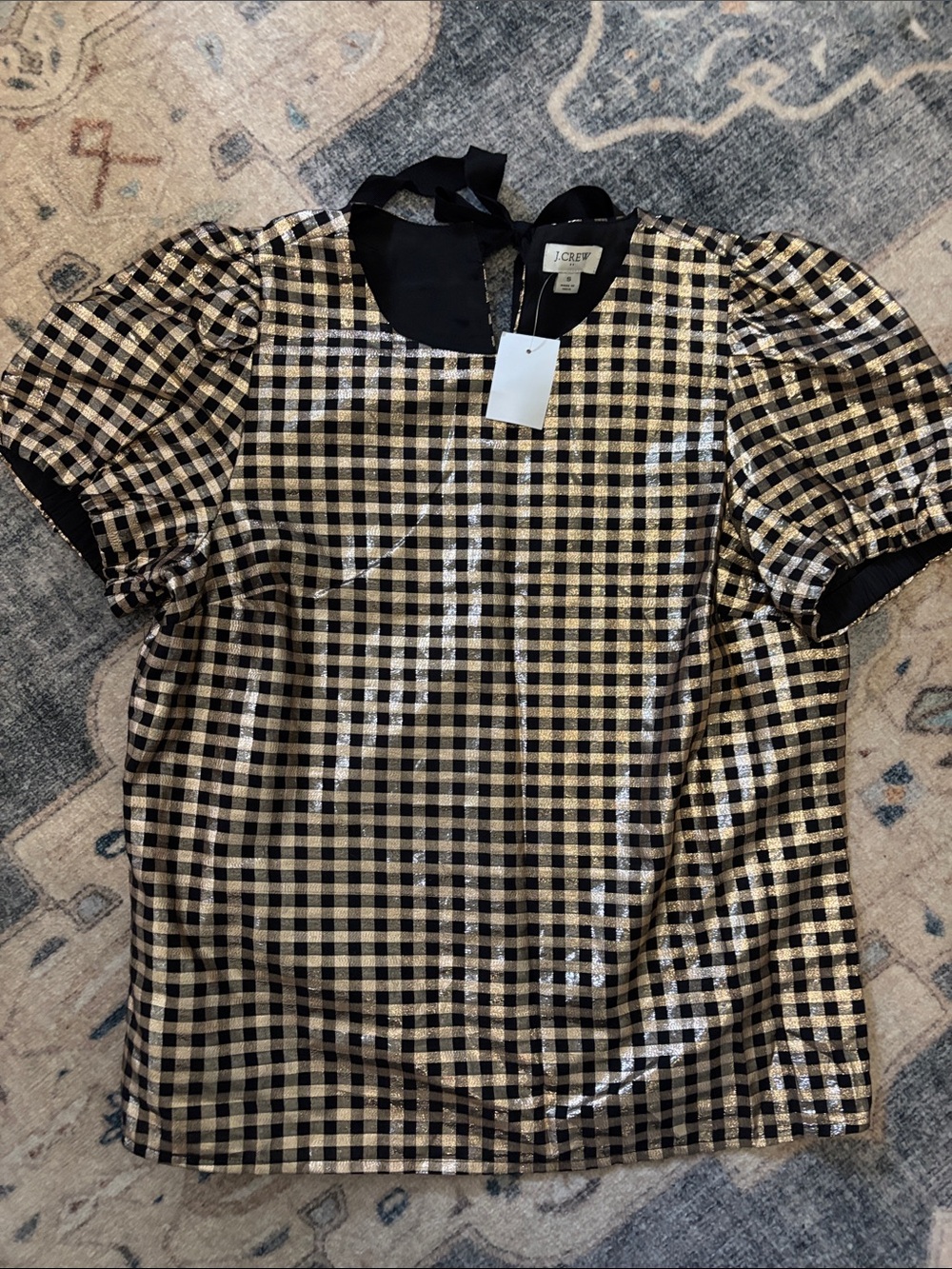 NWT. Women’s holiday J. Crew Black and Gold Gingham Puff Sleeve. Size small